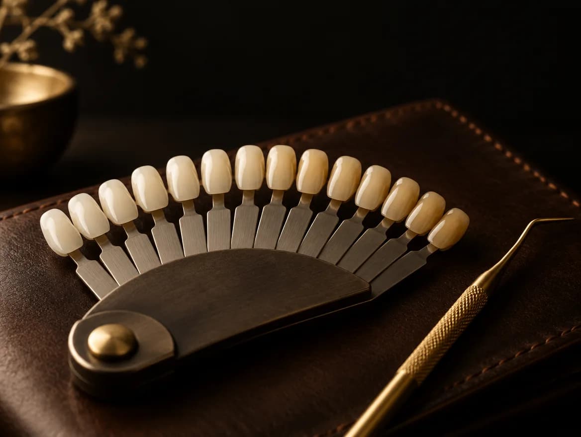 Escala de cor com tons naturais de porcelana sobre couro